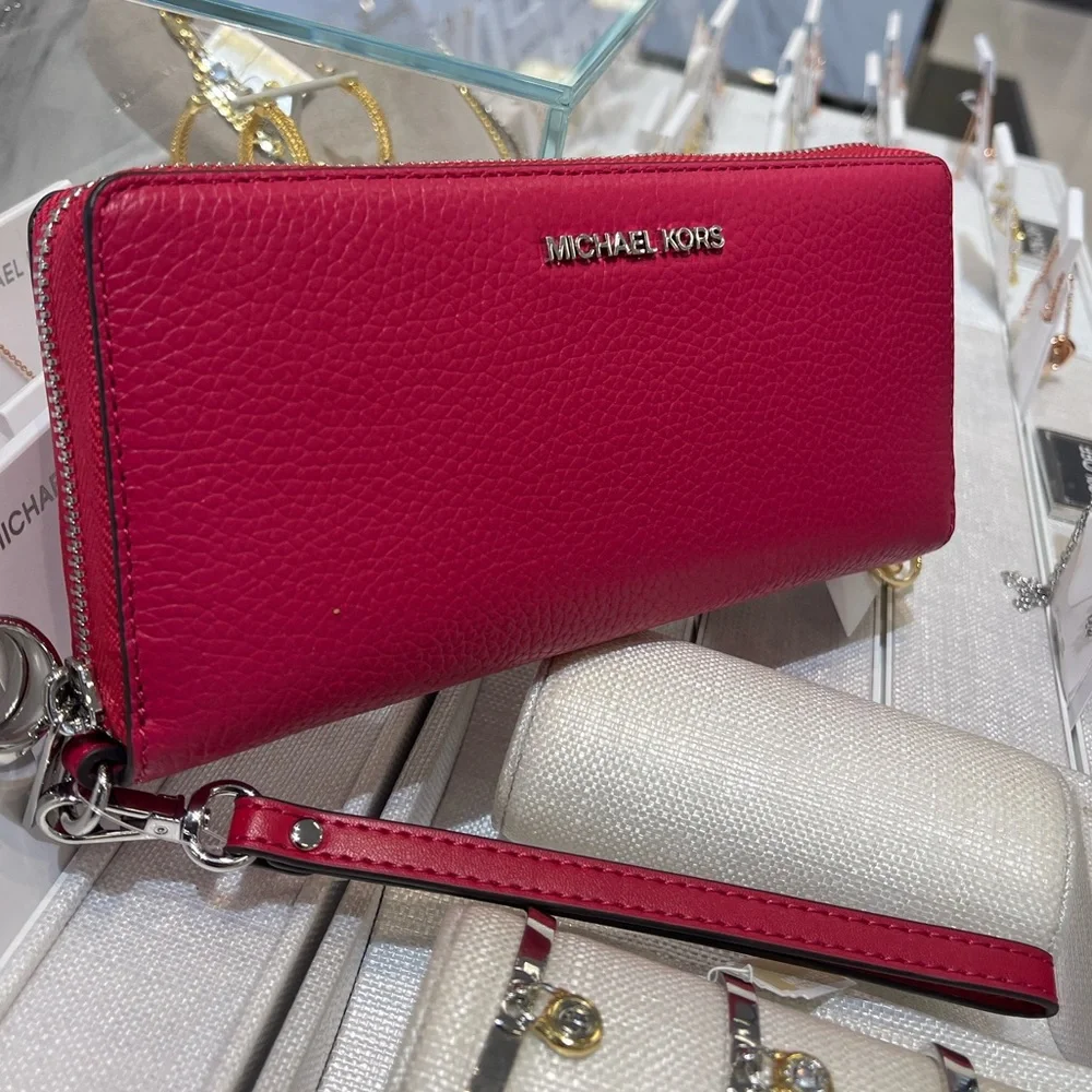 MICHAEL KORS Lg Pebbled Leather Continental Wallet Wristlet Phone Dark Raspberry